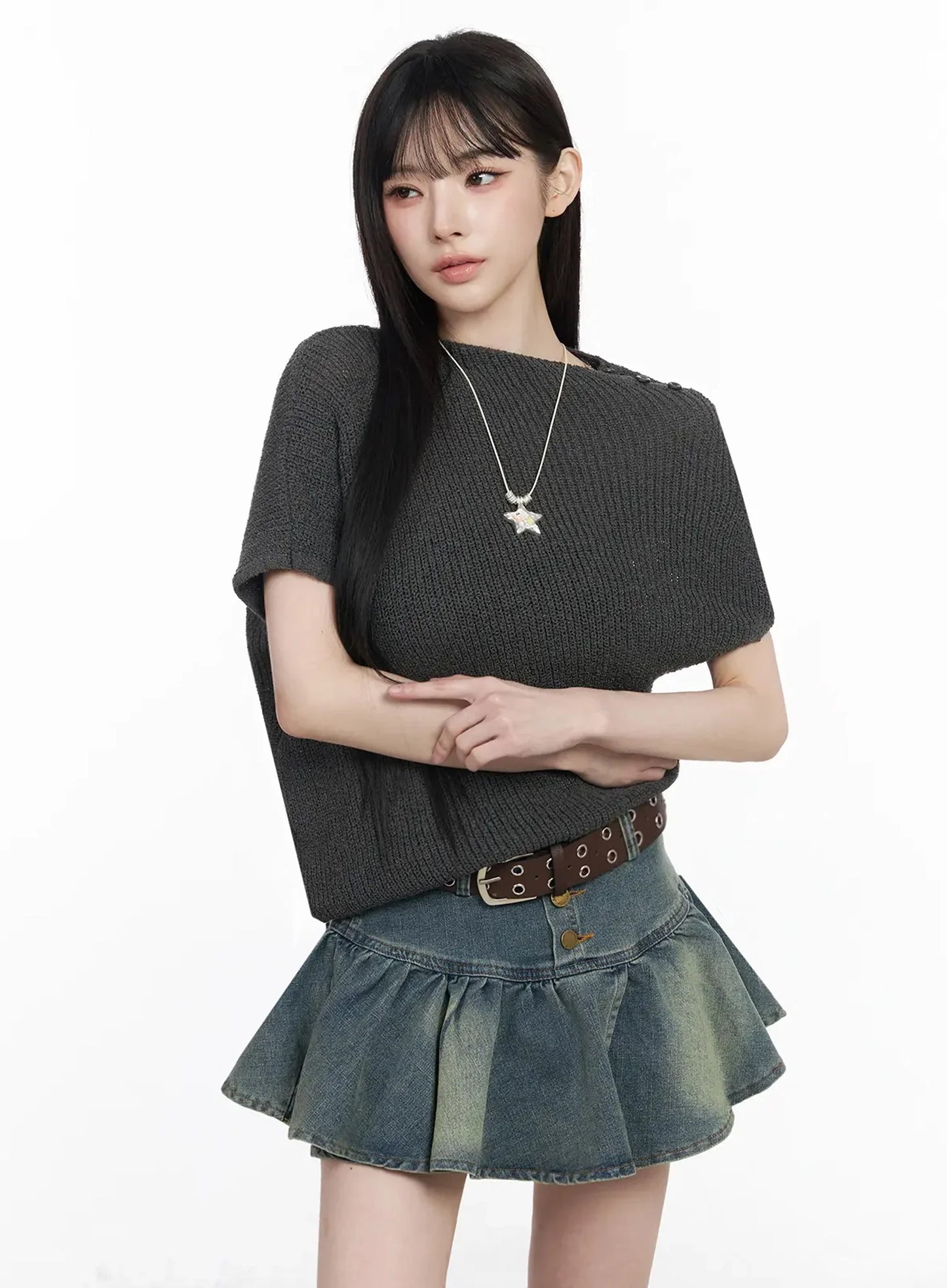 Asymmetric Half-Neck Knit Top IU509