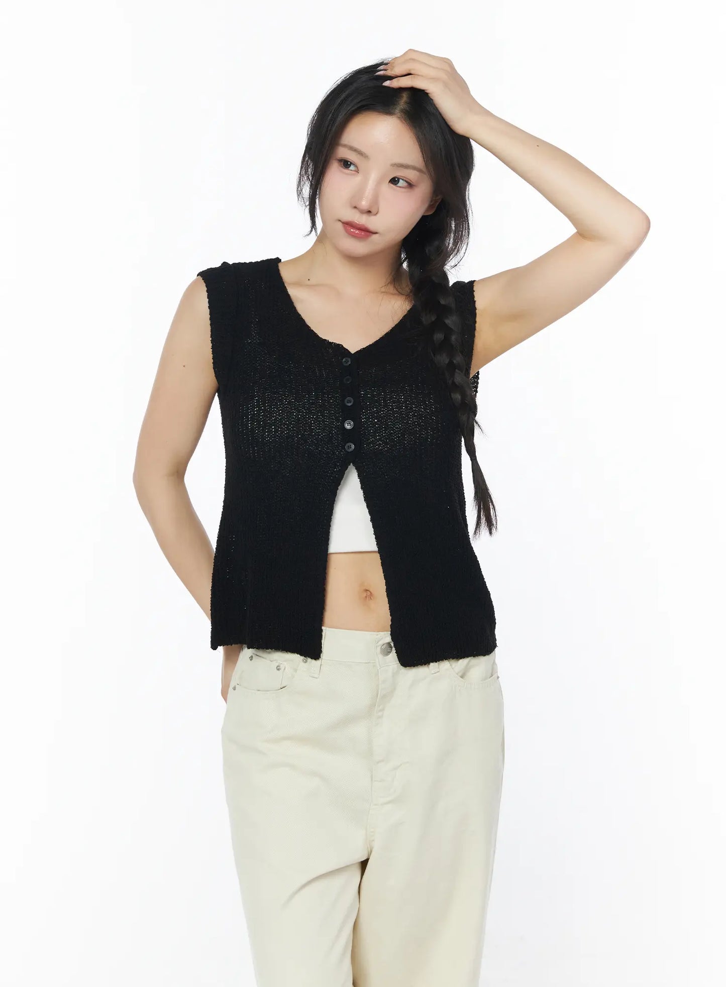 Button Knit Sleeveless Cardigan CY522