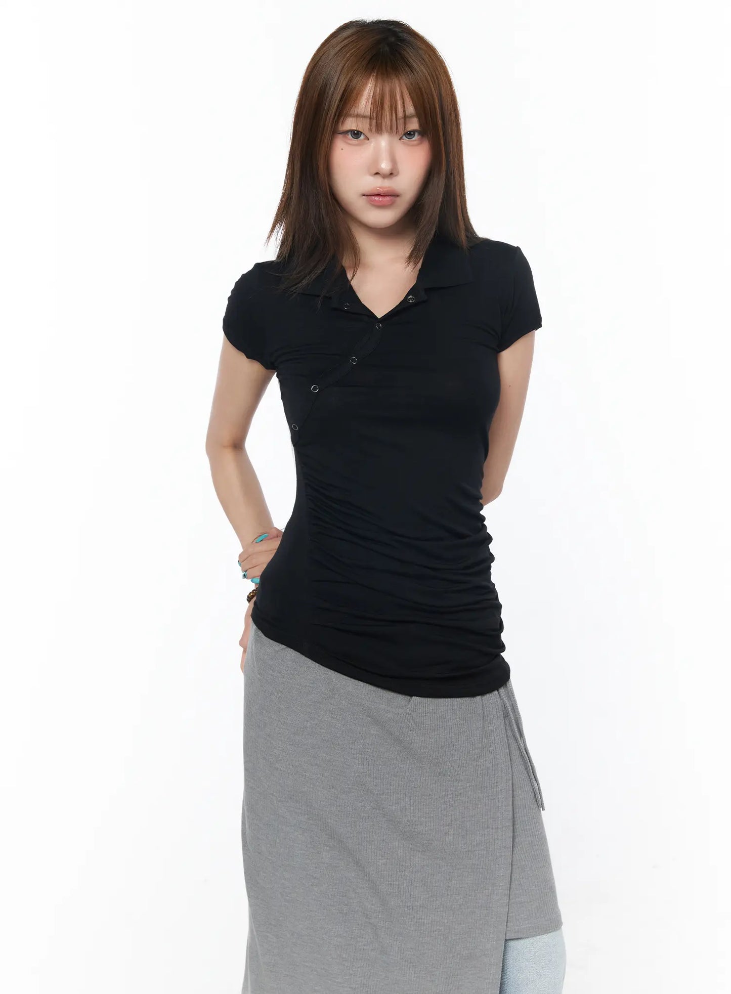 Asymmetrical Snap Collar Shirred Tee CY529