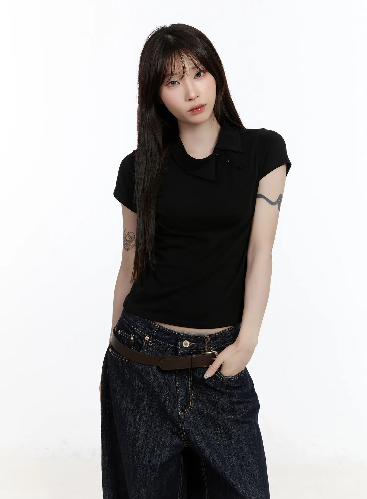 Asymmetrical Collar Short Sleeve Top CA501