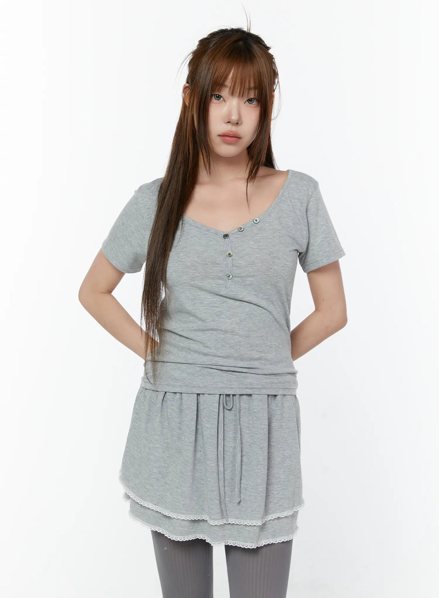 Basic Heart Neck Button Top CY519