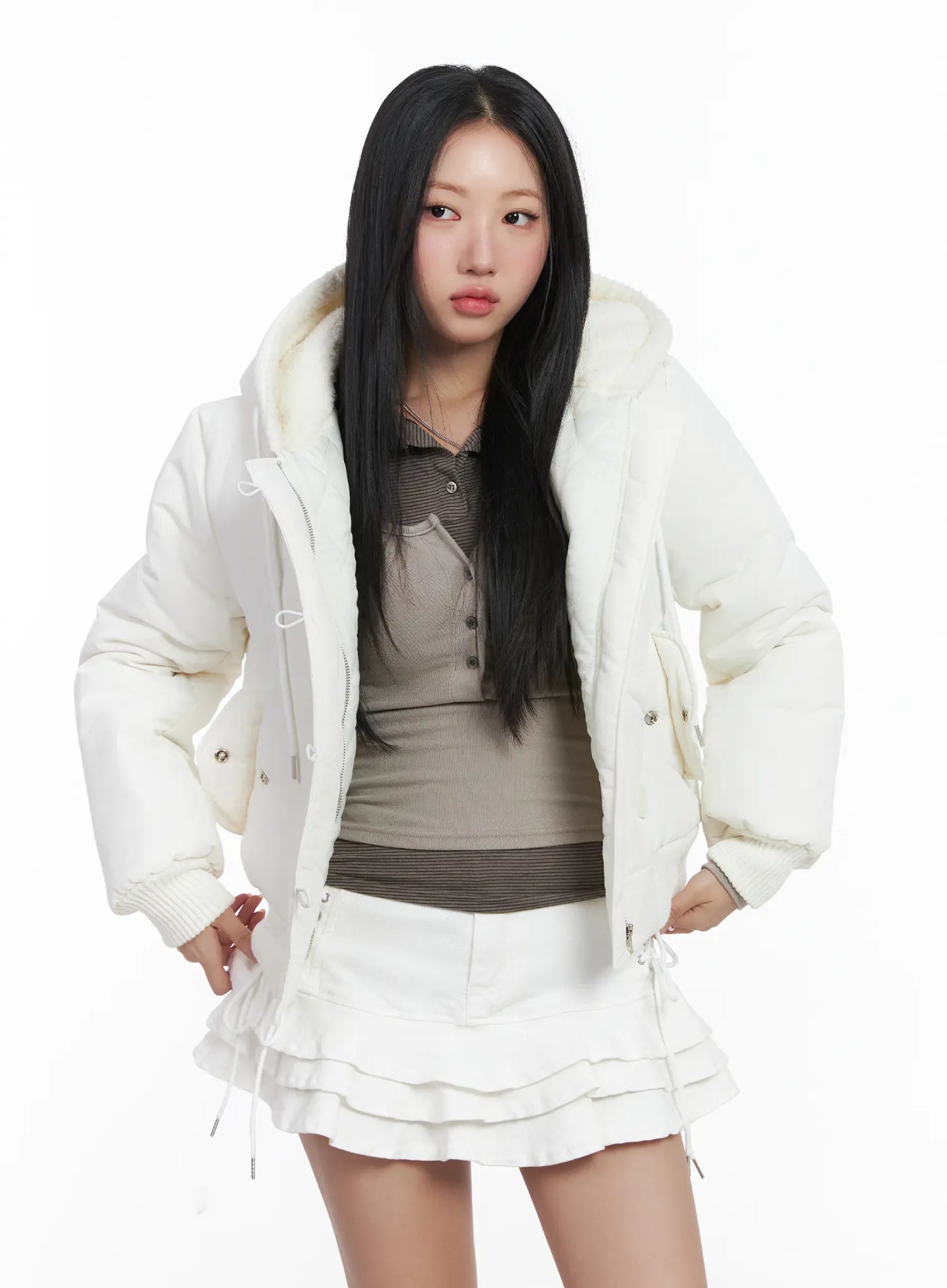 Button Faux Fur Crop Puffer Jacket CD529