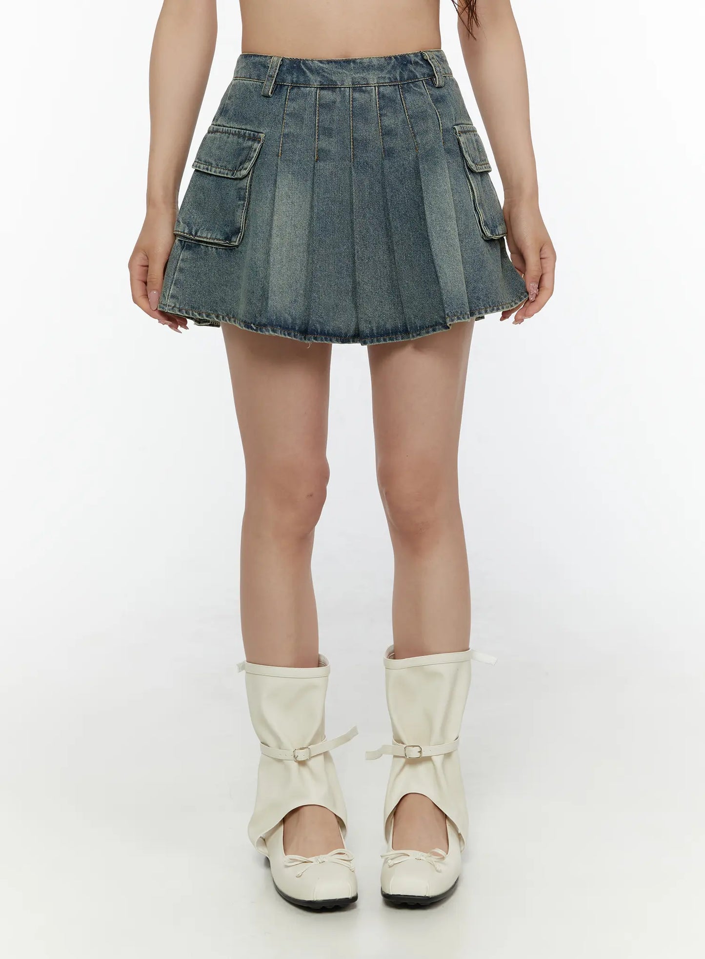 Cargo Pleated Vintage Wash Denim Skirt CL507