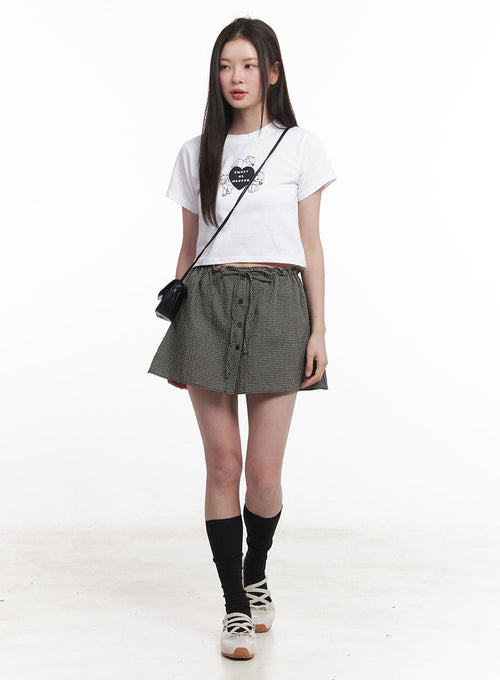 Checkered Ribbon Button Mini Skirt IY513
