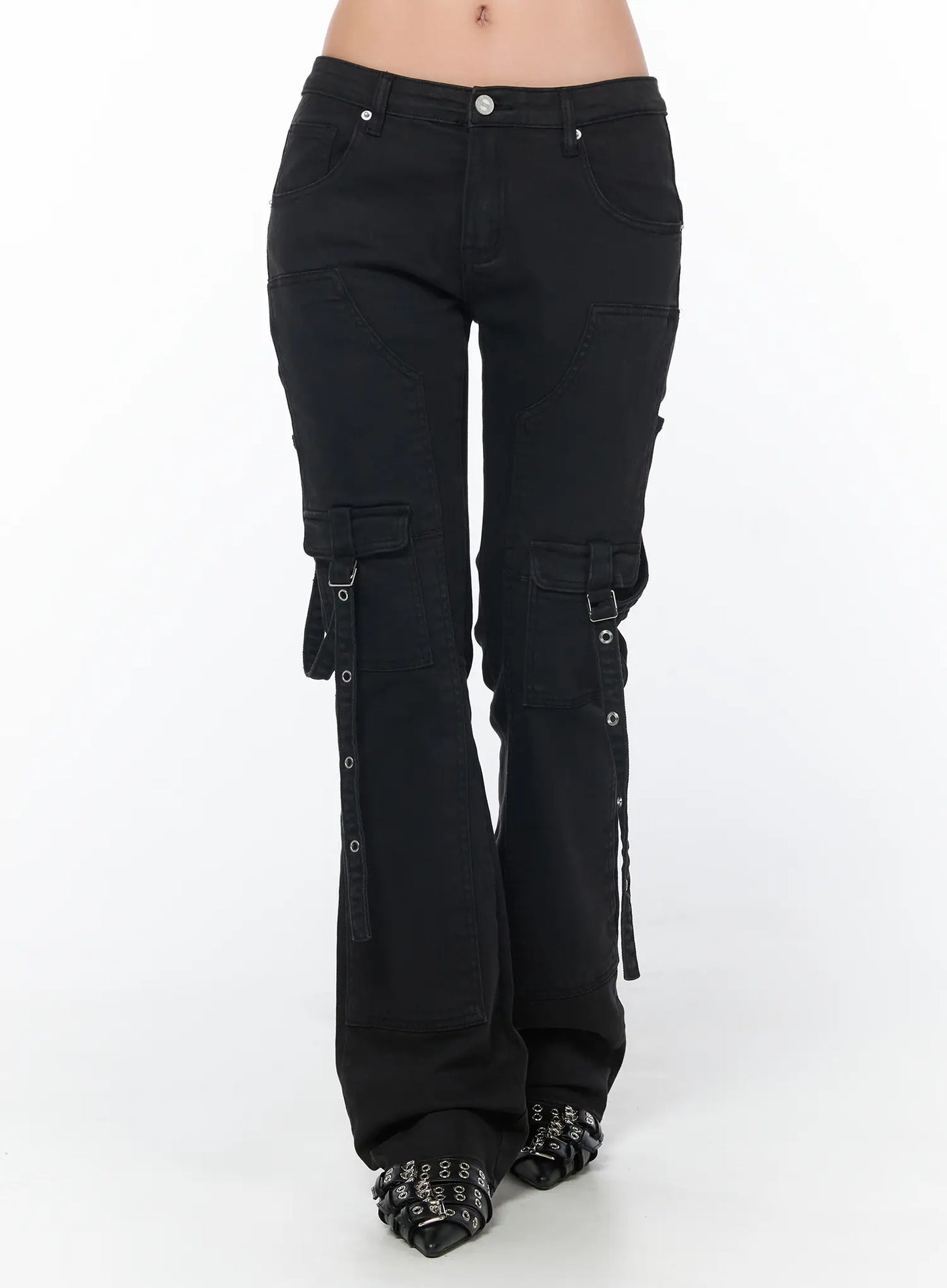 Black Bucle Bootcut Cargo Pants CY513
