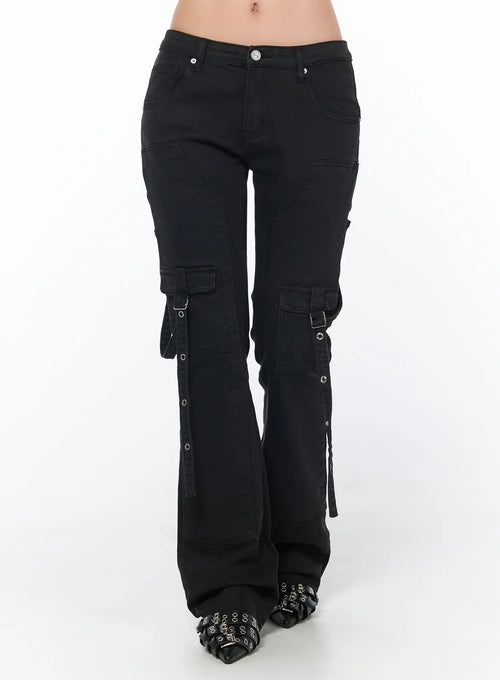Black Bucle Bootcut Cargo Pants CY513