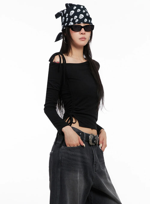 Asymmetric Off-Shoulder Long Sleeve Top IS515