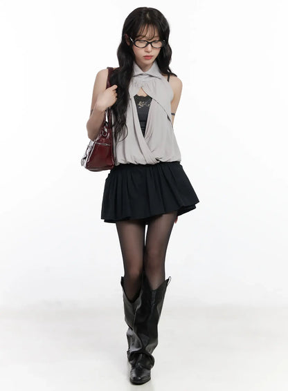Chic Pleated Mini Skort with Elastic Waistband CJ526