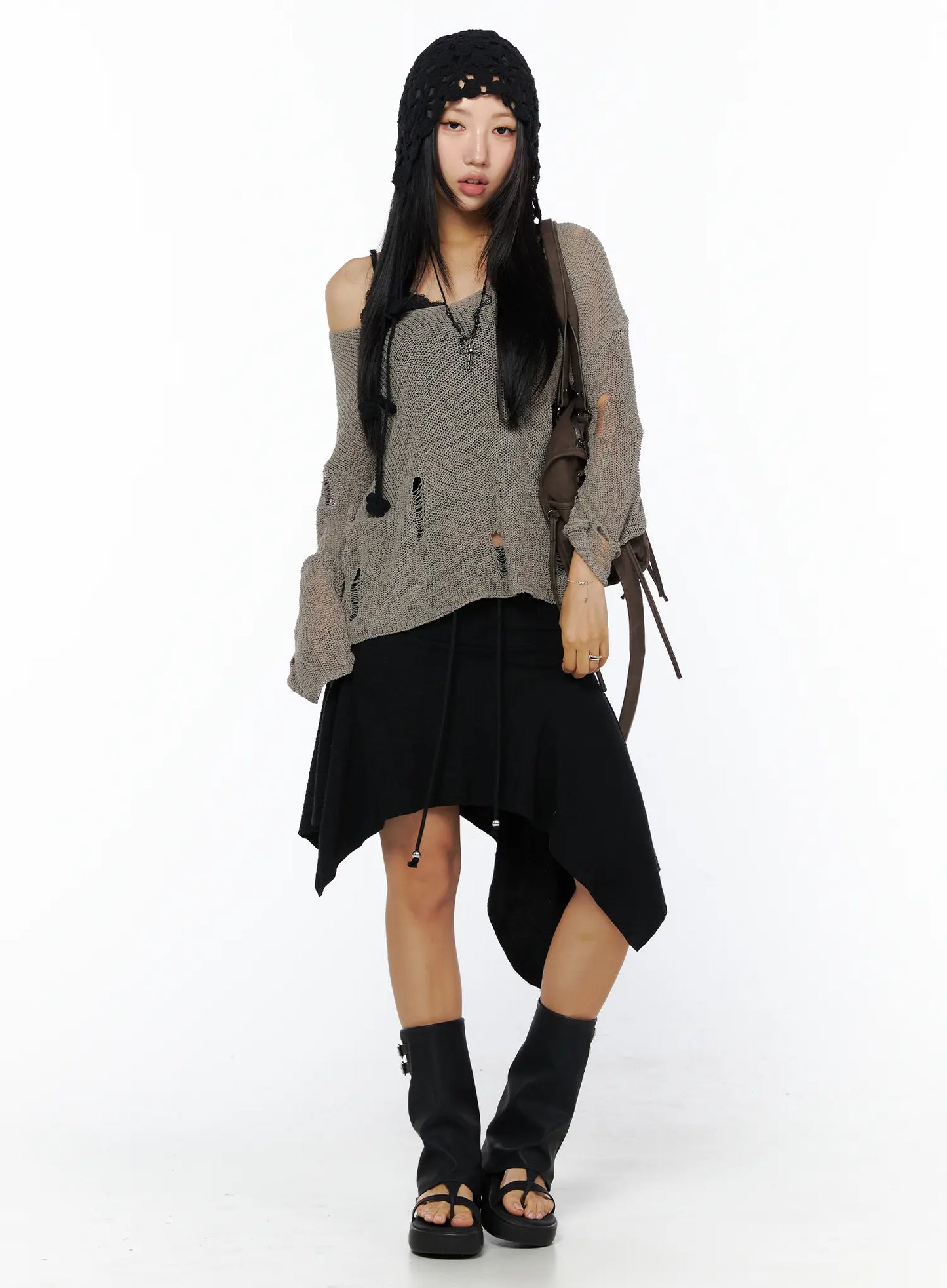 Asymmetric Midi Skirt with Drawstring CU512