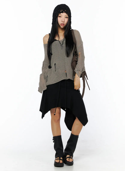 Asymmetric Midi Skirt with Drawstring CU512