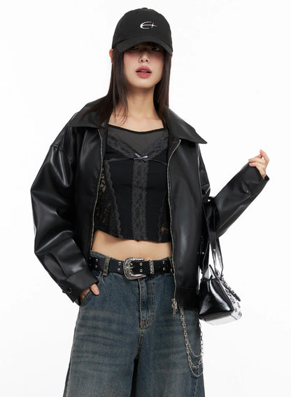 Basic Cropped Faux Leather Jacket IN507