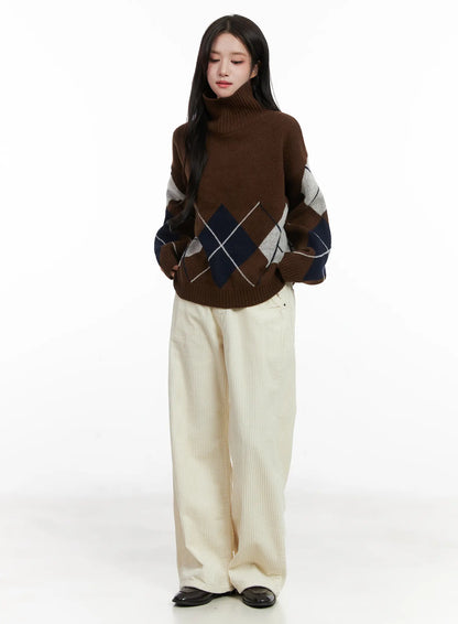 Argyle Turtleneck Knit Sweater CN526