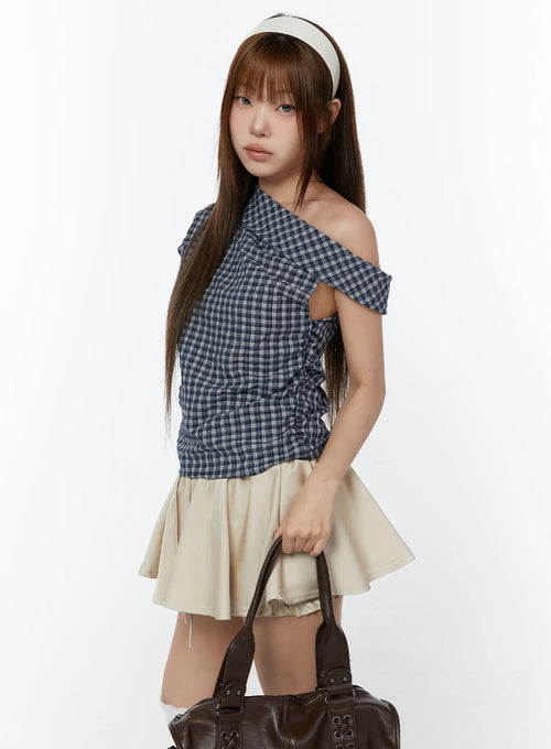 Asymmetric Ruched Plaid Blouse CY519