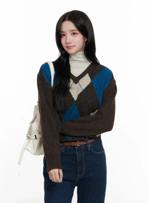 Casual Argyle Long Sleeve Knit CO522