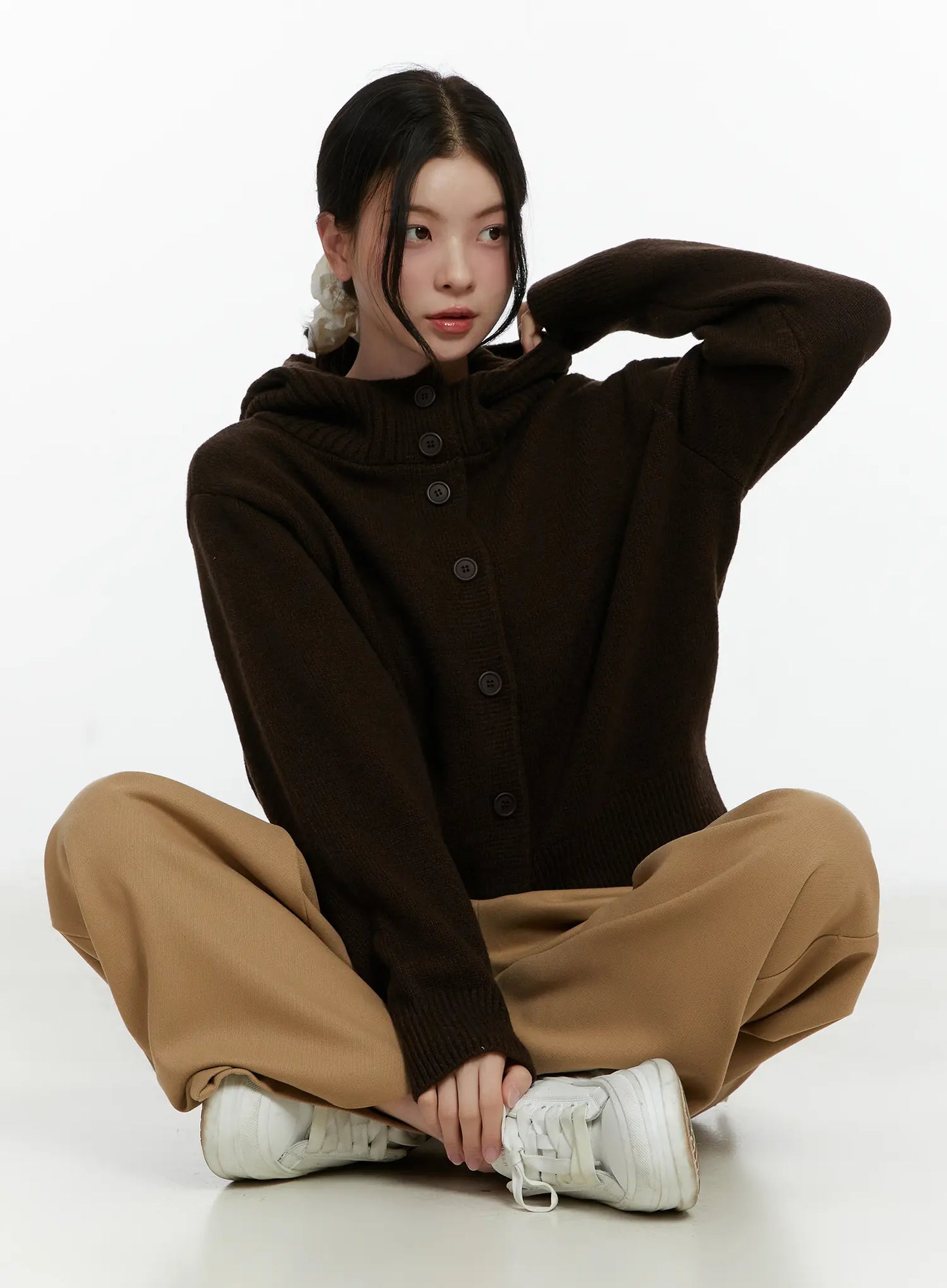 Button Hooded Knit Cardigan F502