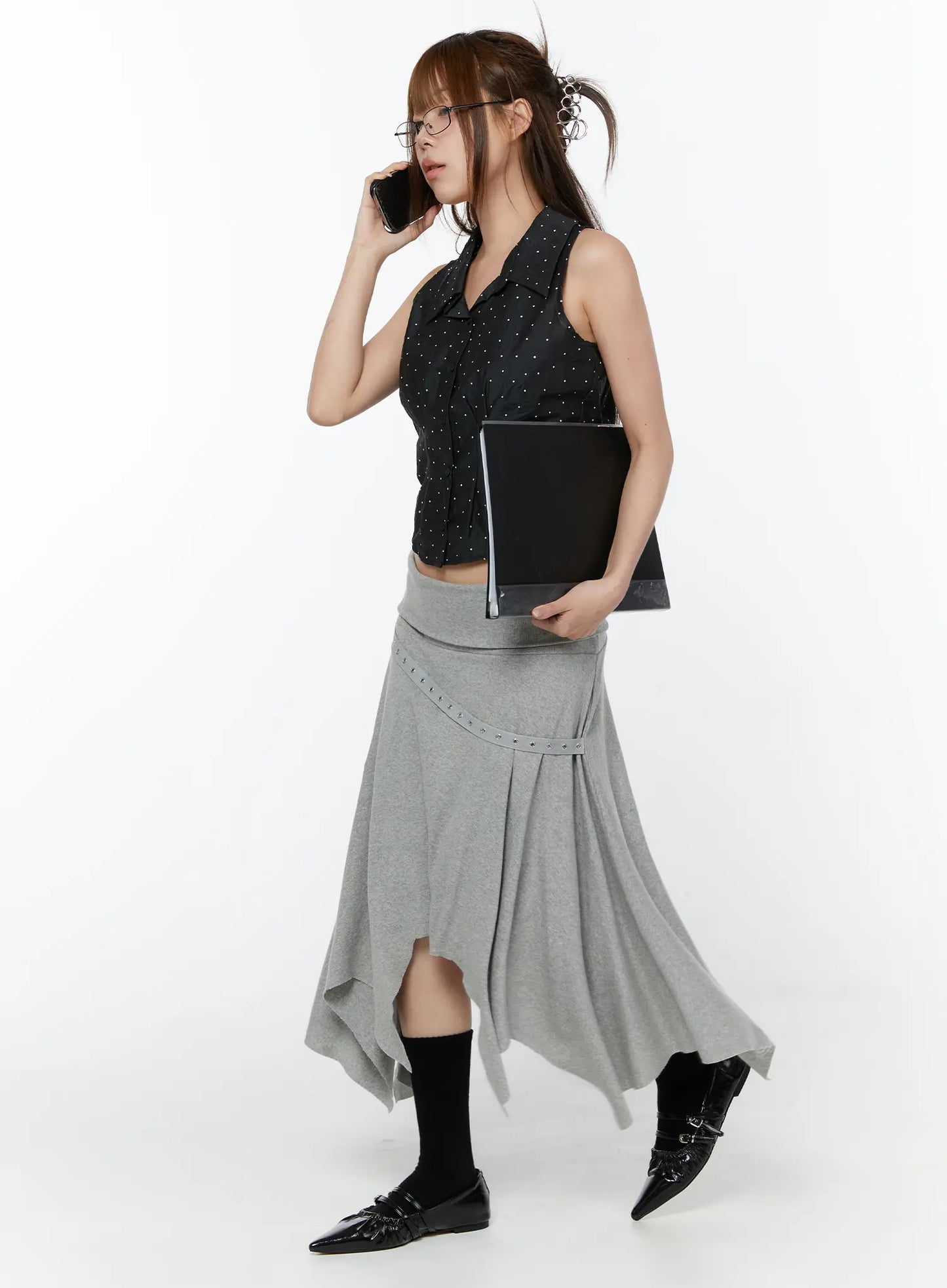 Asymmetric Hem Belted Midi Skirt CY518