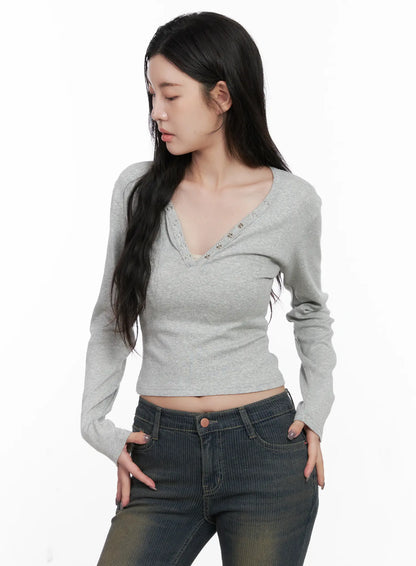 Casual V-Neck Crop Long Sleeve Shirt CN512