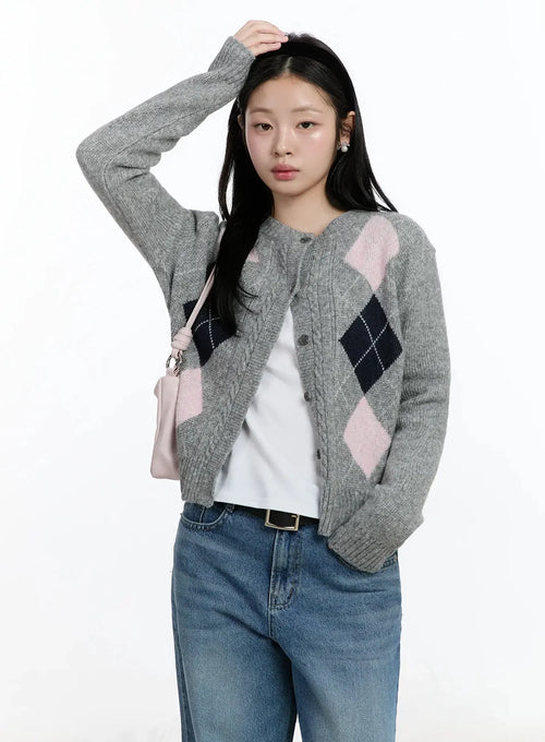 Argyle Pattern Knit Cardigan IM519