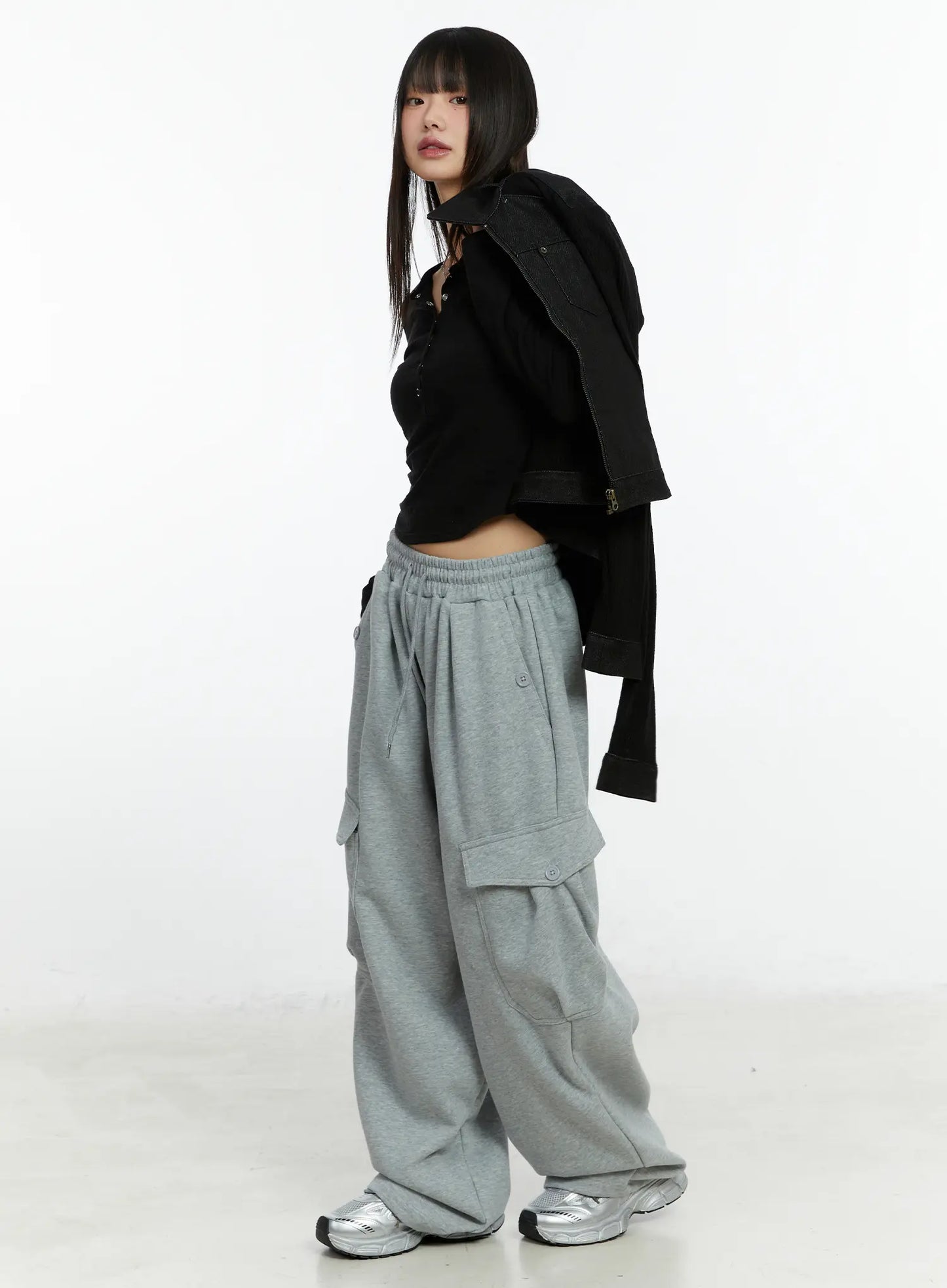 Button Wide Leg Cargo Sweatpants CF509