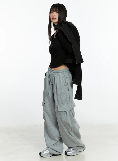 Button Wide Leg Cargo Sweatpants CF509