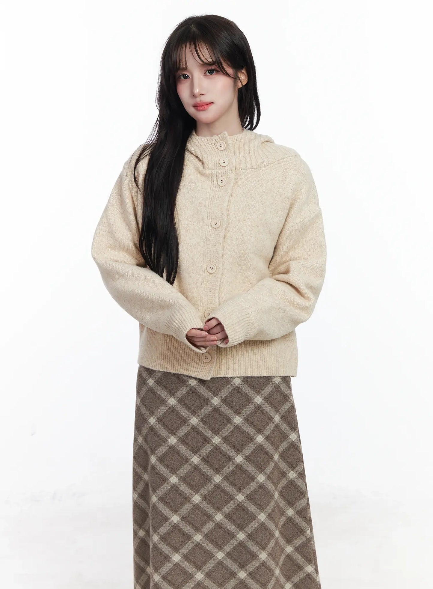 Buttoned Knit Hoodie IJ529