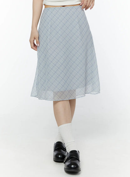 Chiffon Flare Plaid Midi Skirt IY507