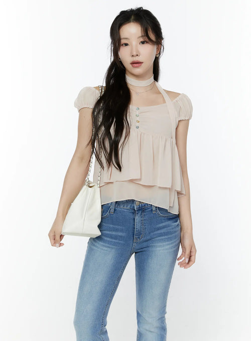 Chiffon Layered Blouse And Skinny Scarf Set IY511
