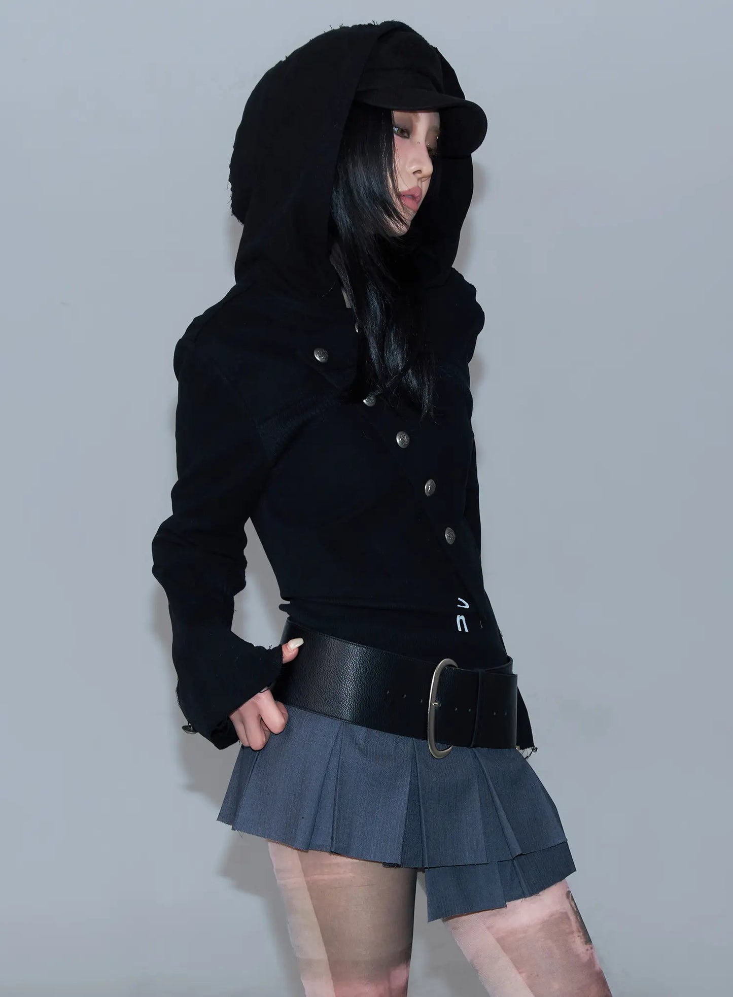Asymmetric Button-Detail Hoodie CF527