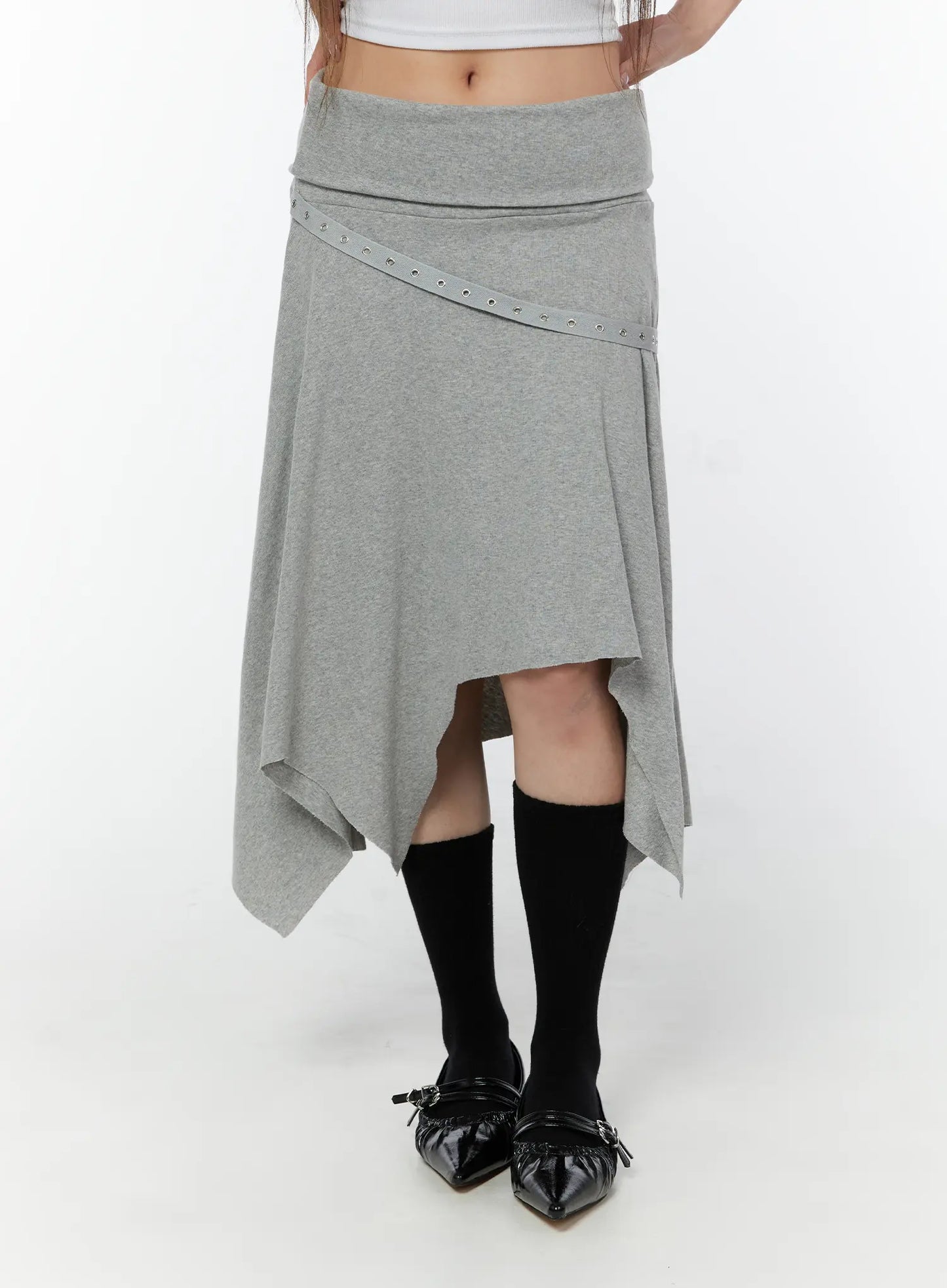 Asymmetric Hem Belted Midi Skirt CY518