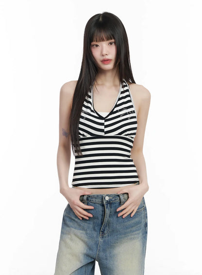 Bow Embellished Stripe Padded Halter Top CM524