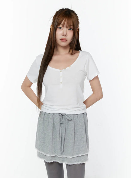 Basic Heart Neck Button Top CY519