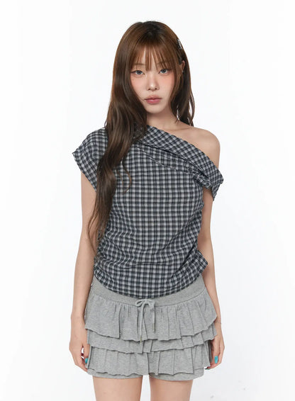 Asymmetric Ruched Plaid Blouse CY519