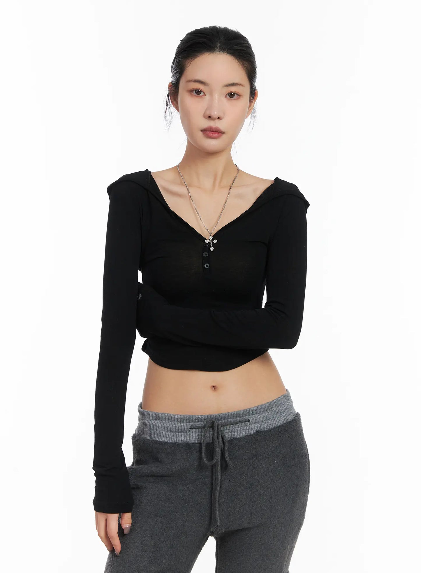 Buttoned Hooded Long Sleeve Crop Top CD509