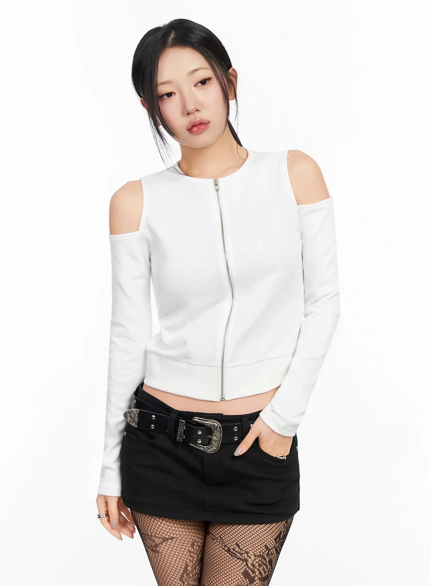 Chic Shoulder Cut-Out Zip-Up Top IA507