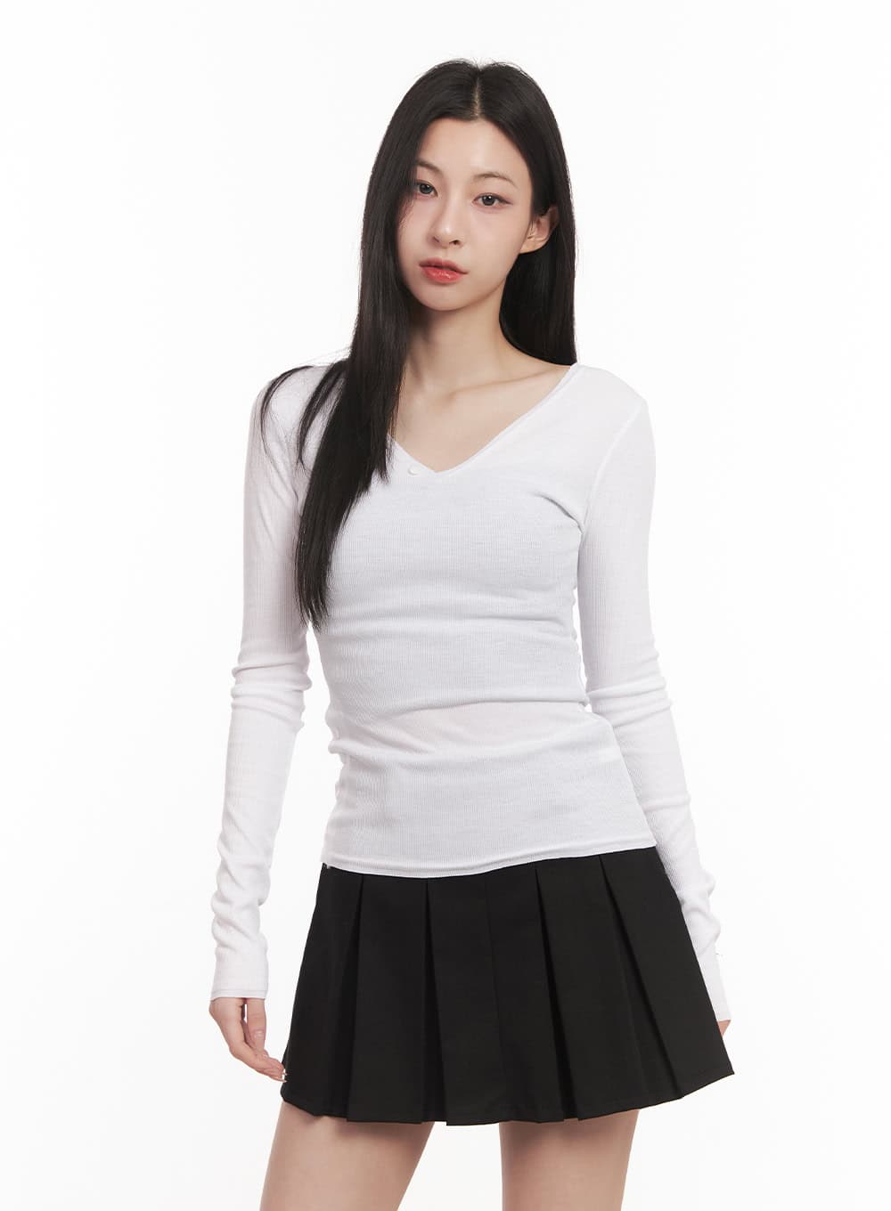 Buttoned V-Neck Long-Sleeve Top CM518
