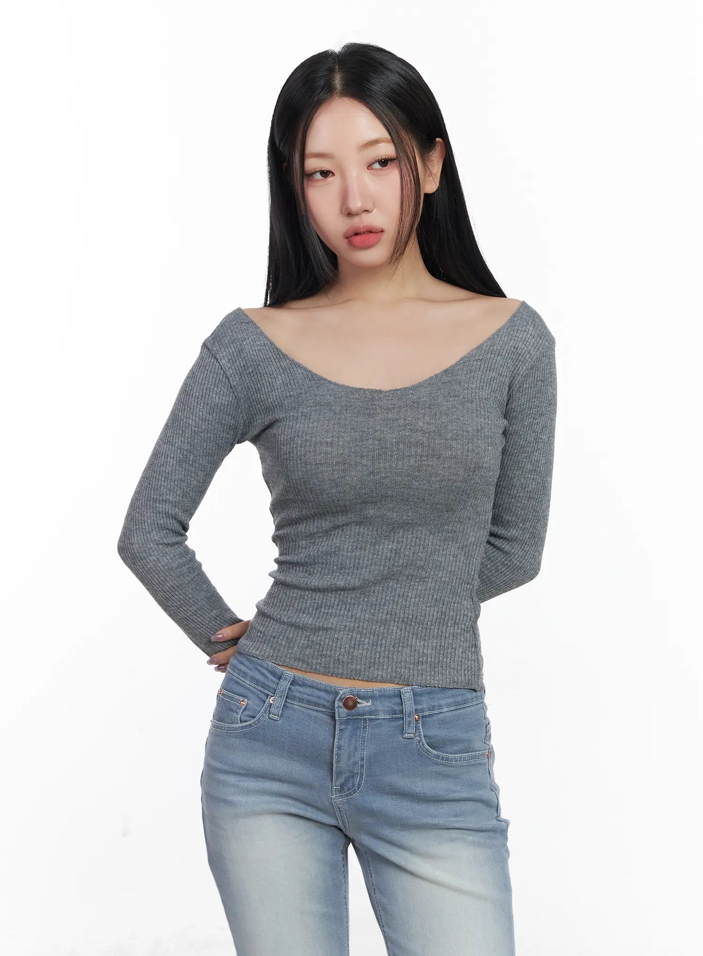 Basic V-Neck Ribbed Long Sleeve Top CF503