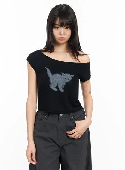Cat Graphic Off-Shoulder Crop Top IA523