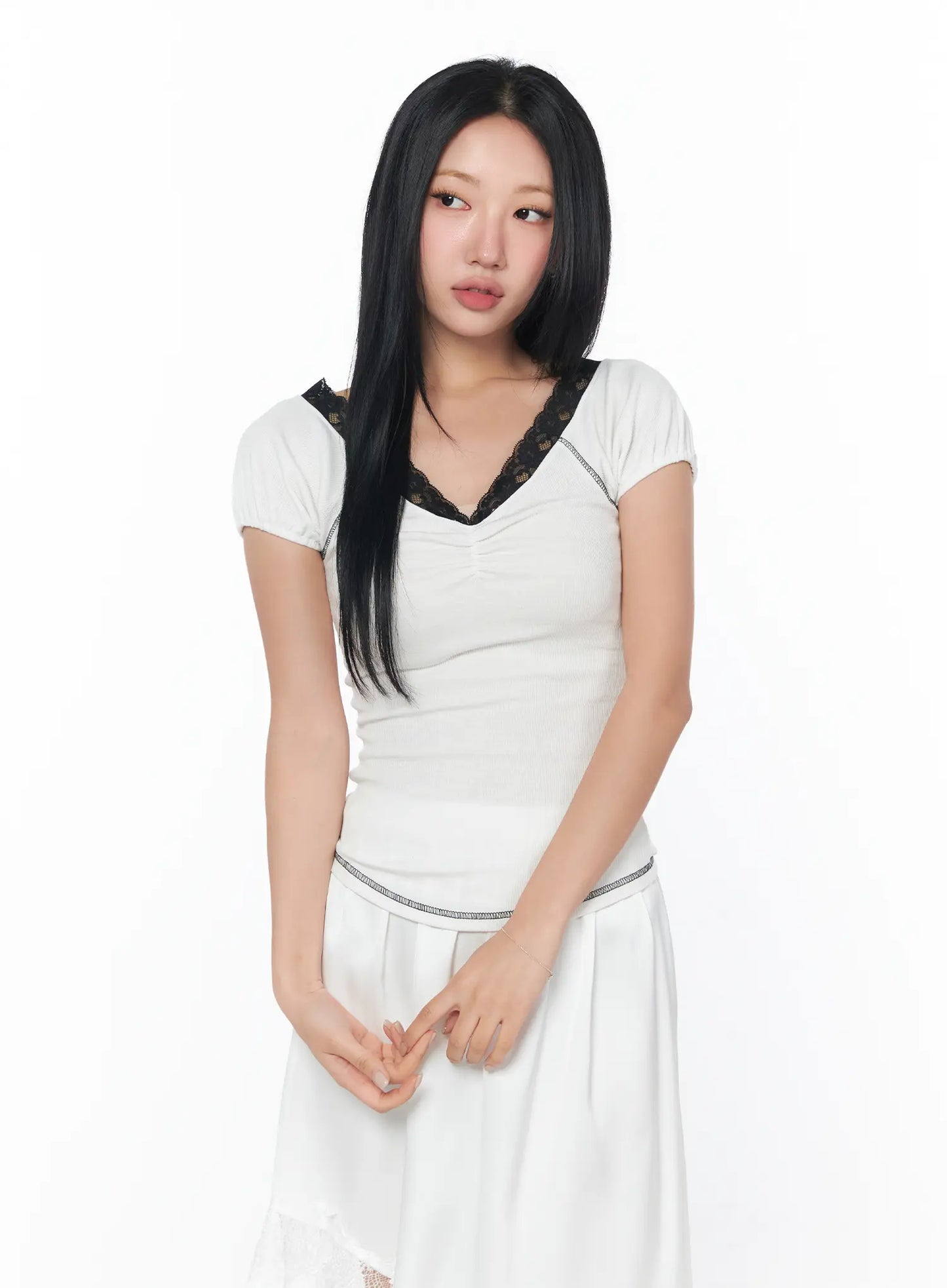 Chic Lace-Trimmed Shirred Tee CY512
