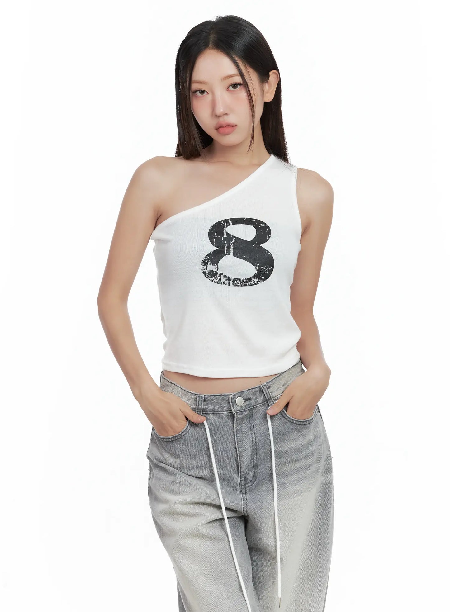 Asymmetric Graphic One-Shoulder Tank CL509