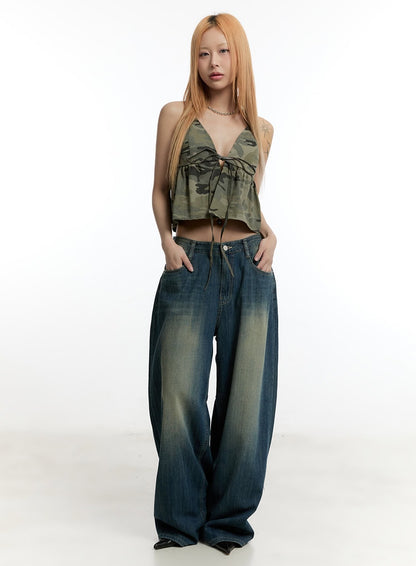 Camo Ribbon Halter Crop Cami Top CY501