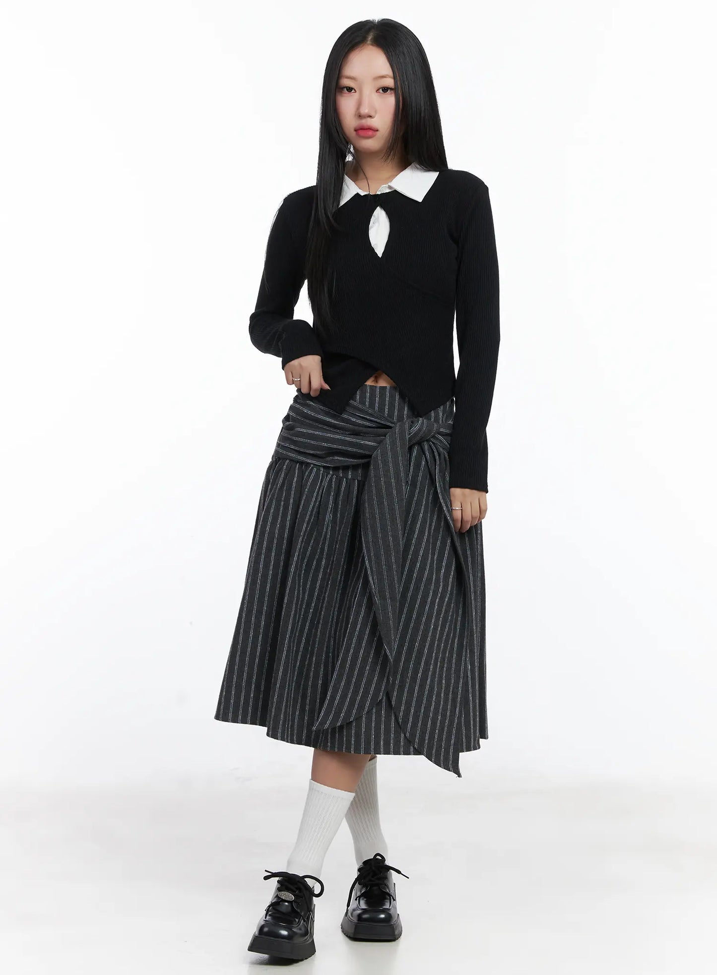 Button Wrap Collar Ribbed Long Sleeve Top CD529
