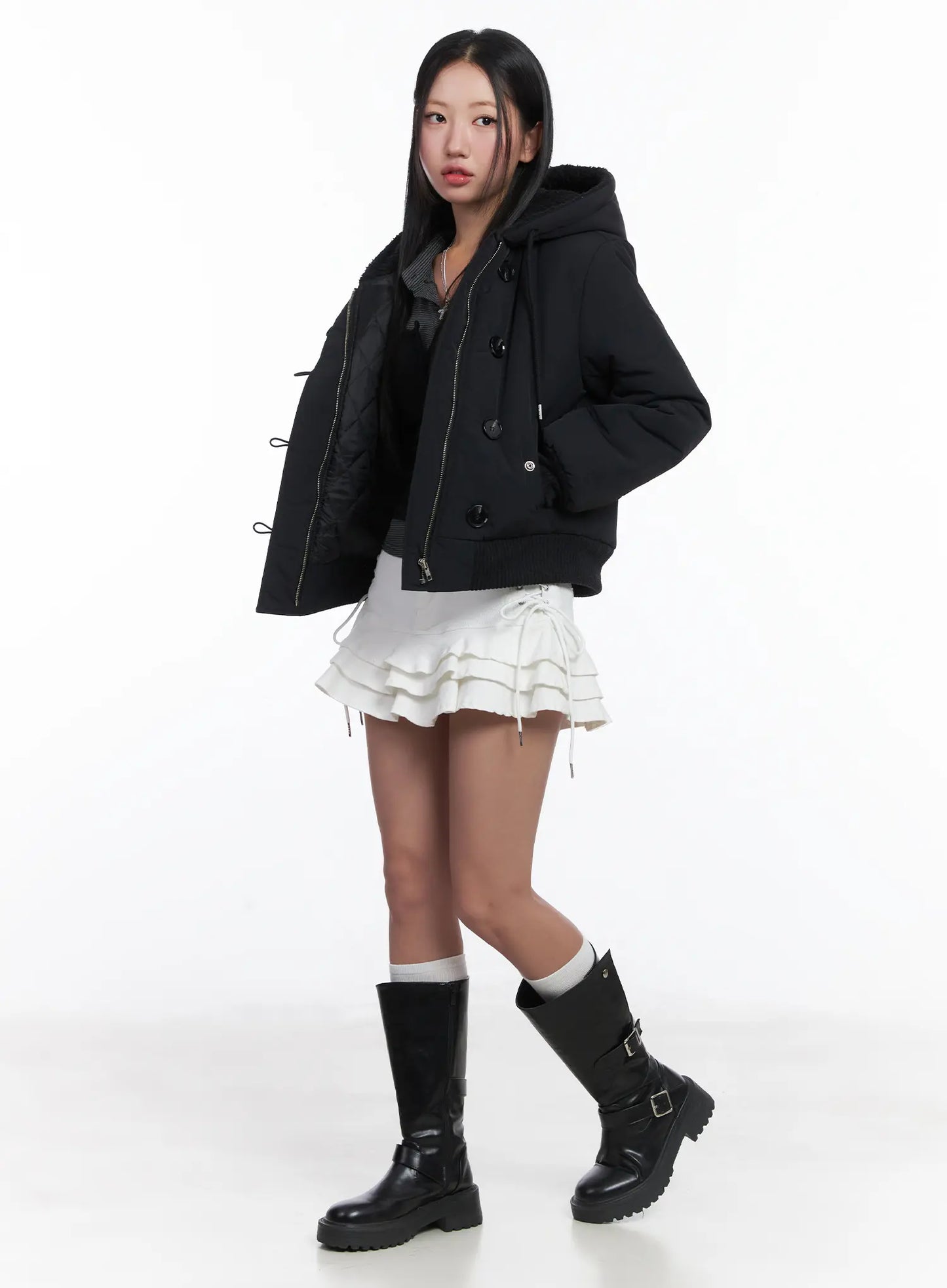 Button Faux Fur Crop Puffer Jacket CD529