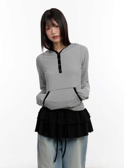 Button Stripe Hoodie Top CA508