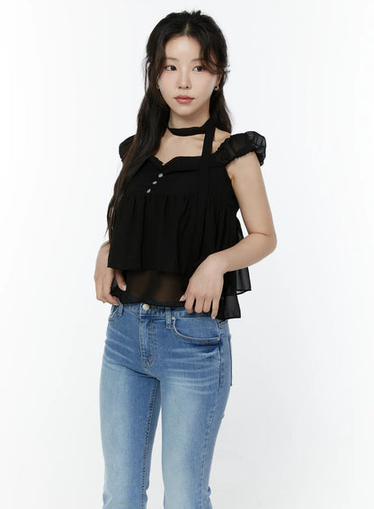 Chiffon Layered Blouse And Skinny Scarf Set IY511