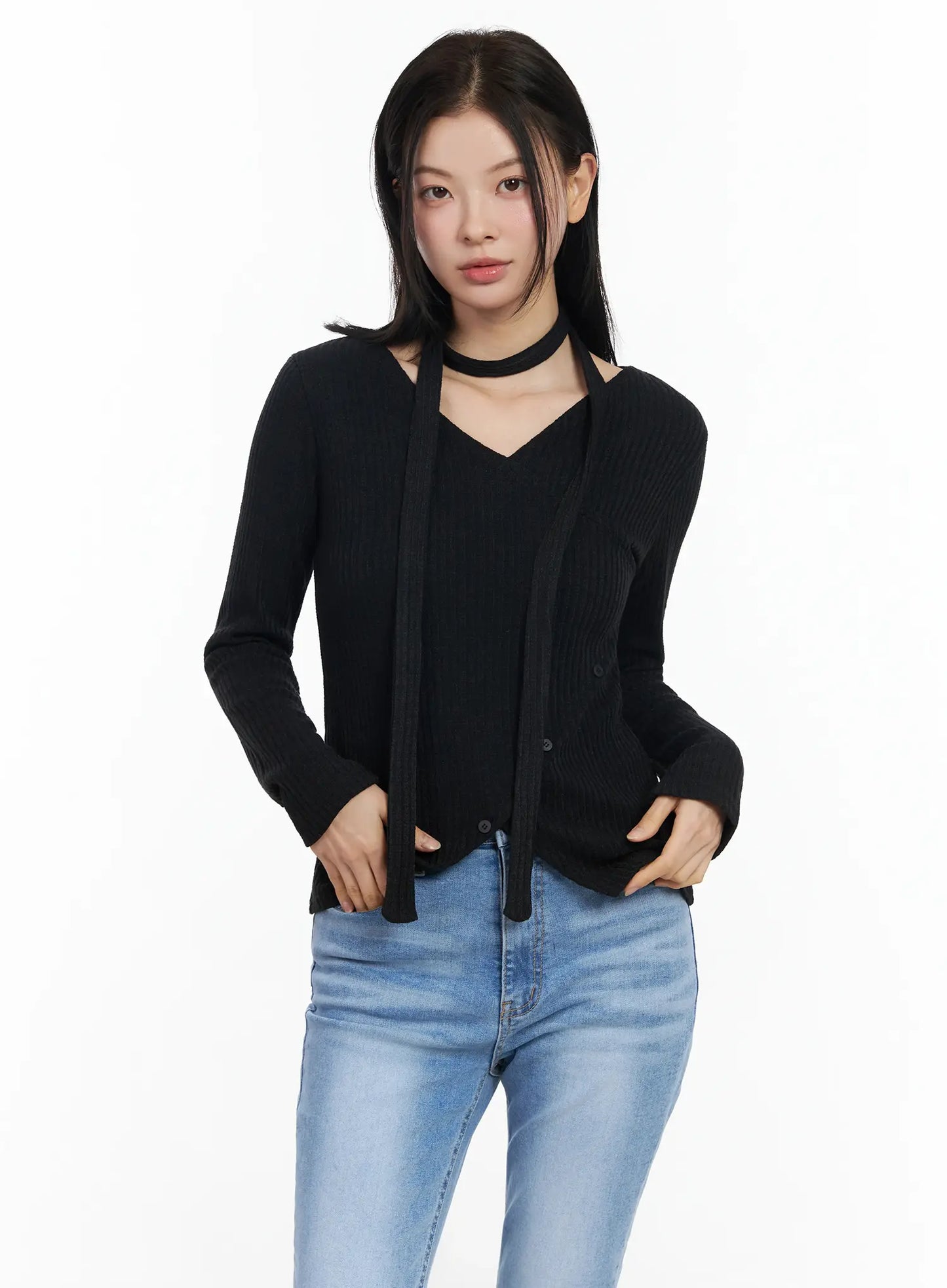 Chic V-Neck Ribbed Knit Top Set IM524