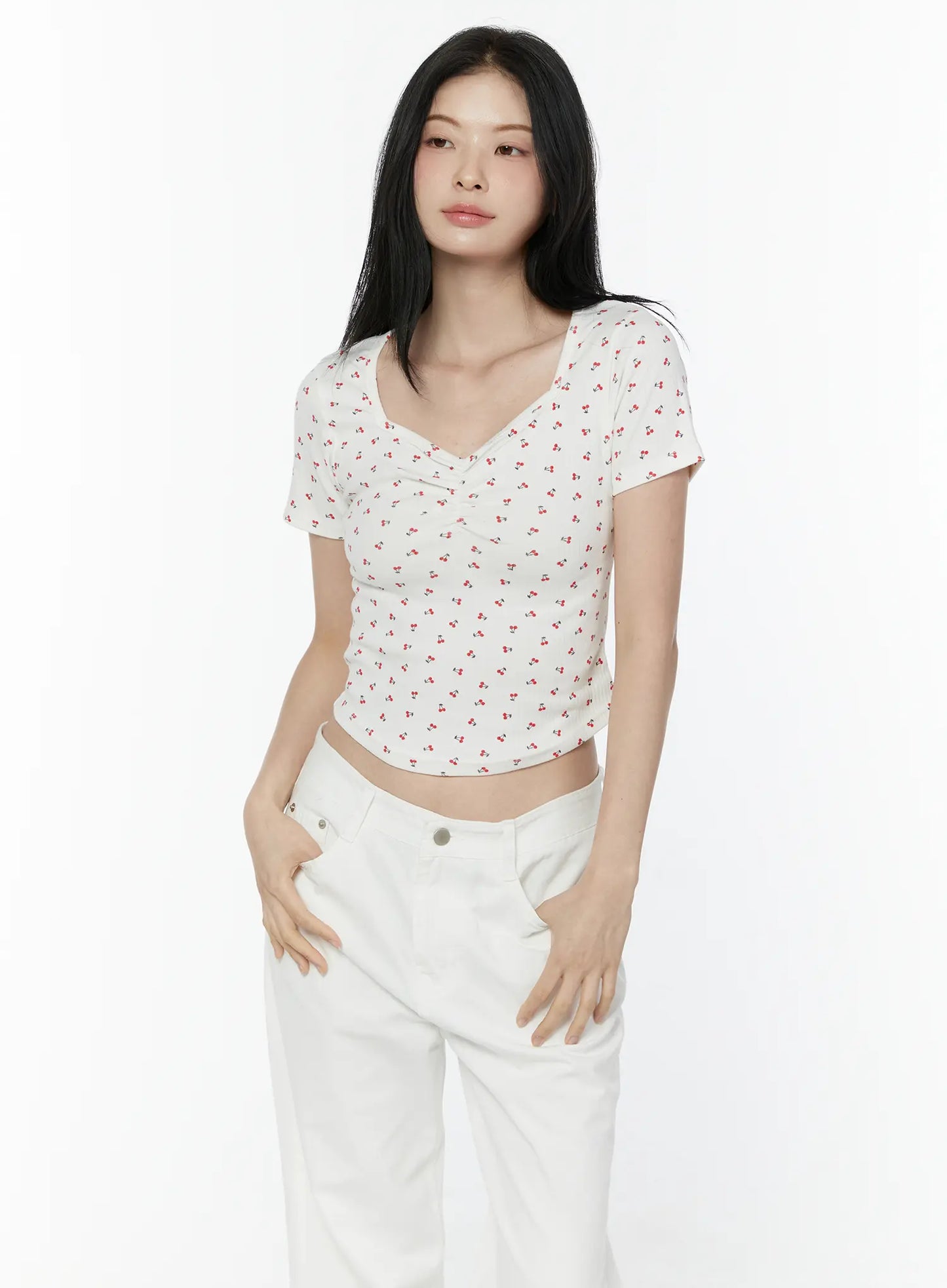 Cherry Print Sweetheart Neckline Tee IU505