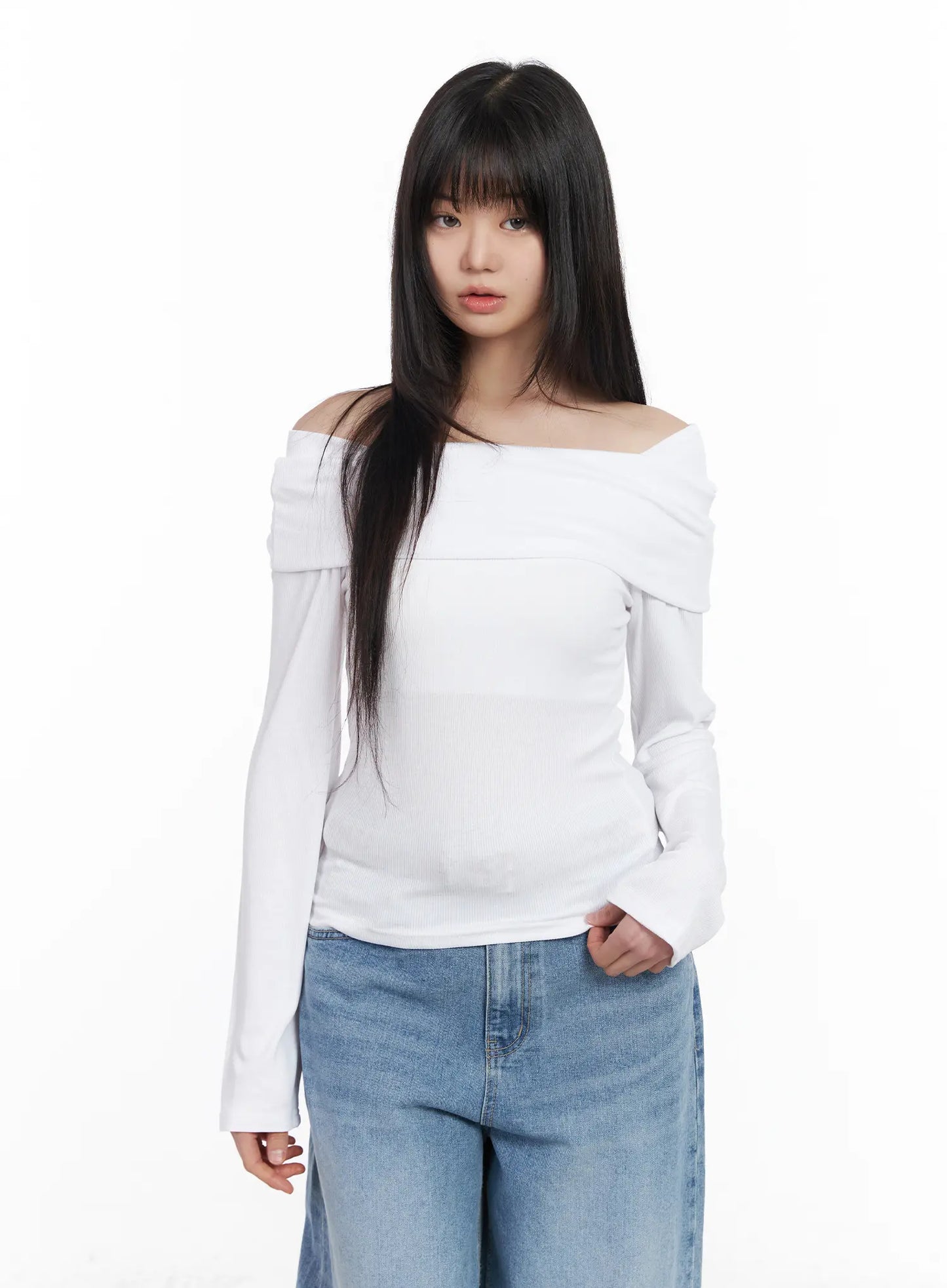 Basic Off-Shoulder Ribbed Long Sleeve Top CM512