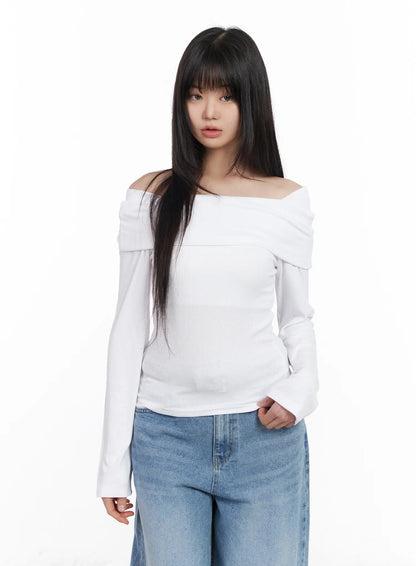 Basic Off-Shoulder Ribbed Long Sleeve Top CM512