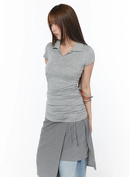 Asymmetrical Snap Collar Shirred Tee CY529