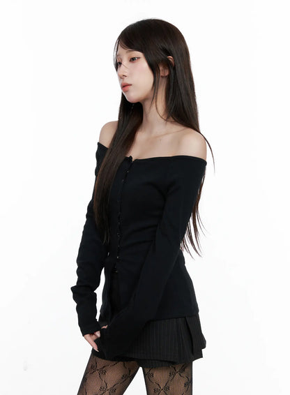 Buttoned Off-Shoulder Long Sleeve Cardigan CO520